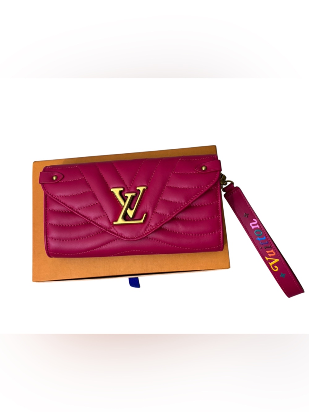authentic Louis Vuitton Pink Quilted Leather Wristlet Clutch with Gold LV